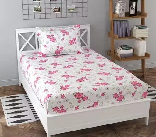 Floral Cotton Fitted Bedsheet – Single Size with 2 Pillow Covers ( default, Standard )