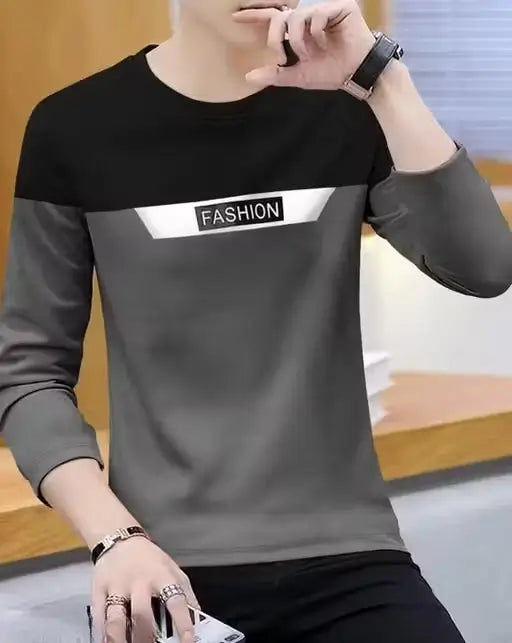 Men’s Round Neck Cotton Blend Full Sleeve Printed T-shirt – S to XXL. ( default, Standard )