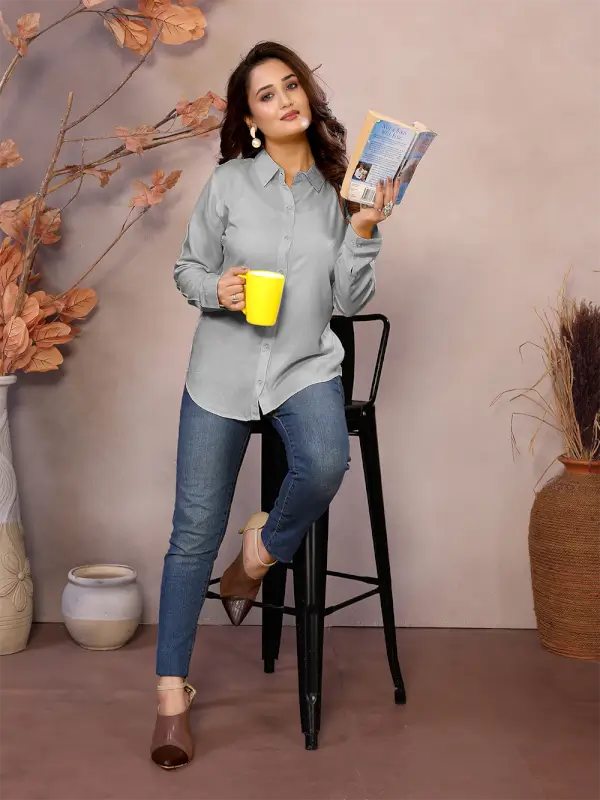 Golden Pure Viscose Collared Neck Hip Length Half Sleeve Shirt For Women