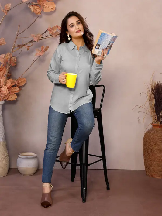 Golden Pure Viscose Collared Neck Hip Length Half Sleeve Shirt For Women