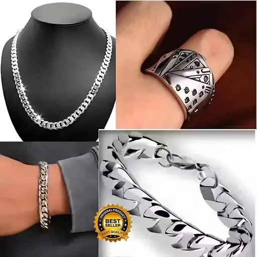 Combo Bracelet, Ring, and Chain Necklace for Men and Boys – Silver Plated with Agate Pendant. ( default, Standard ) .