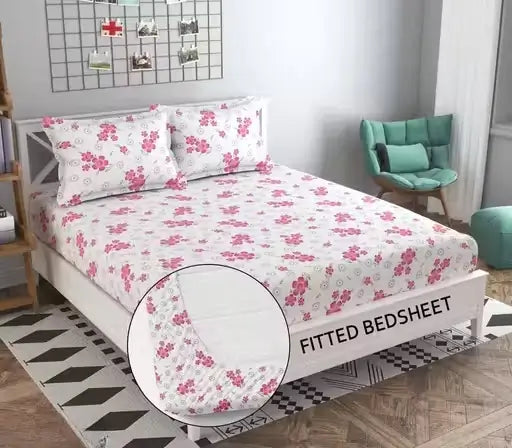 Floral Cotton Fitted Bedsheet – Single Size with 2 Pillow Covers ( default, Standard )
