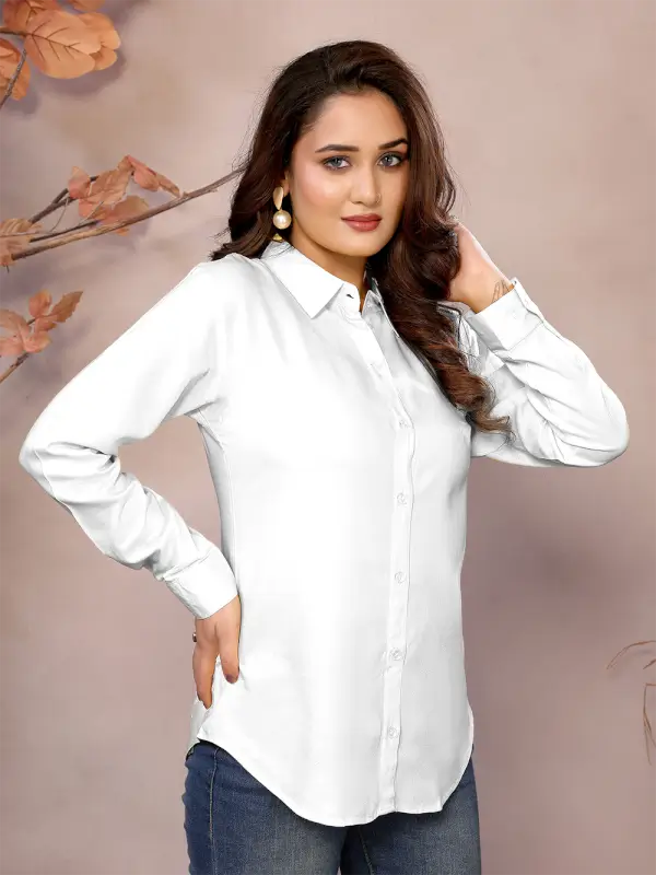 Golden Pure Viscose Collared Neck Hip Length Half Sleeve Shirt For Women