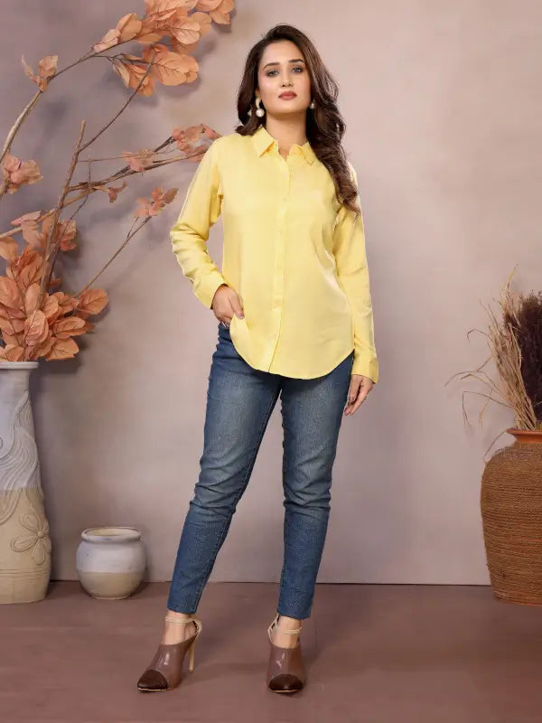 Golden Pure Viscose Collared Neck Hip Length Half Sleeve Shirt For Women