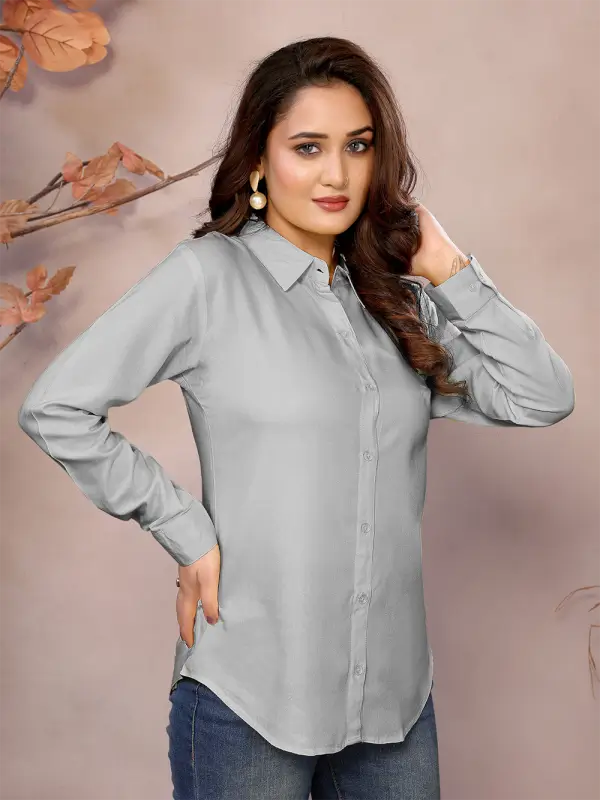 Golden Pure Viscose Collared Neck Hip Length Half Sleeve Shirt For Women