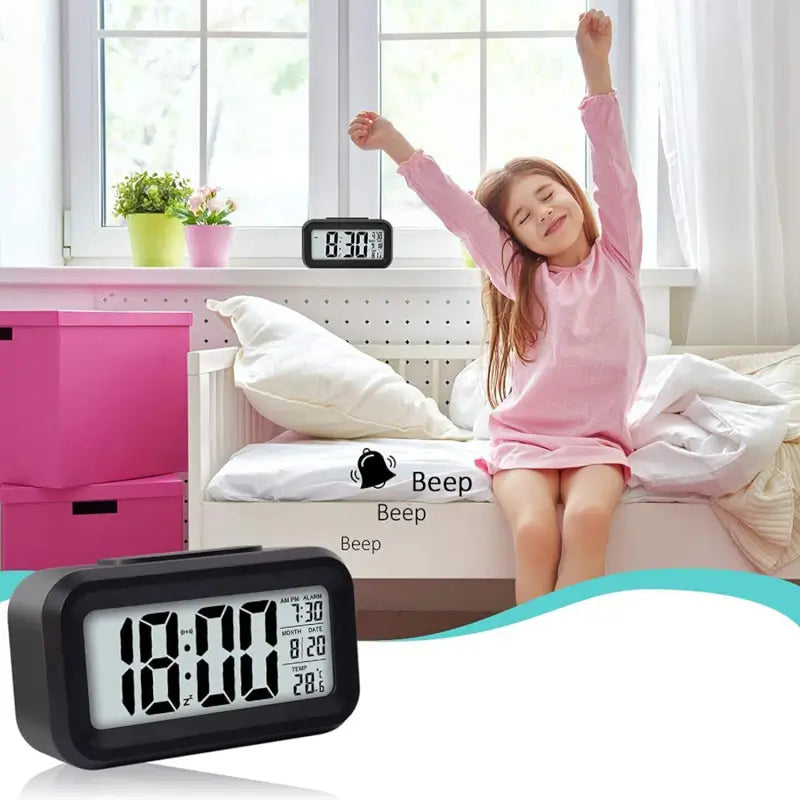 Digital lcd alarm clock with backlight optically controlled battery-powered clock with time, date, and temperature - Durable Plastic ( default, OS ).