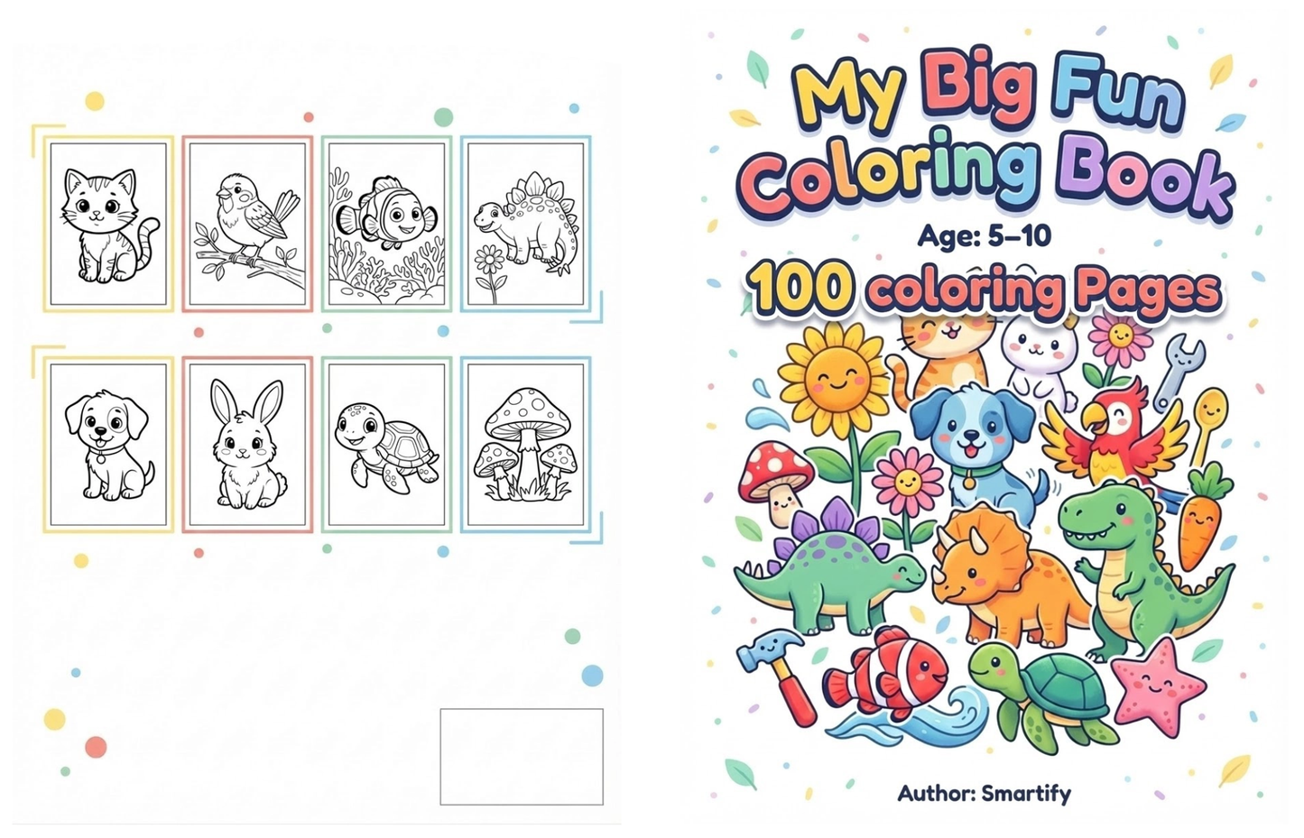 Kids Coloring Book Ages 5–10: 100 Easy Coloring Pages of Animals, Birds, Fish, Dinosaurs, Plants, and Everyday Tools