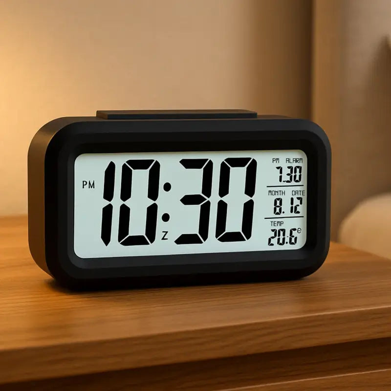 Digital lcd alarm clock with backlight optically controlled battery-powered clock with time, date, and temperature - Durable Plastic ( default, OS ).