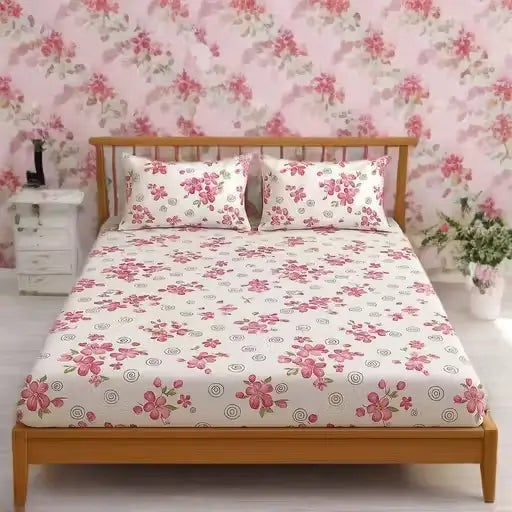 Floral Cotton Fitted Bedsheet – Single Size with 2 Pillow Covers ( default, Standard )