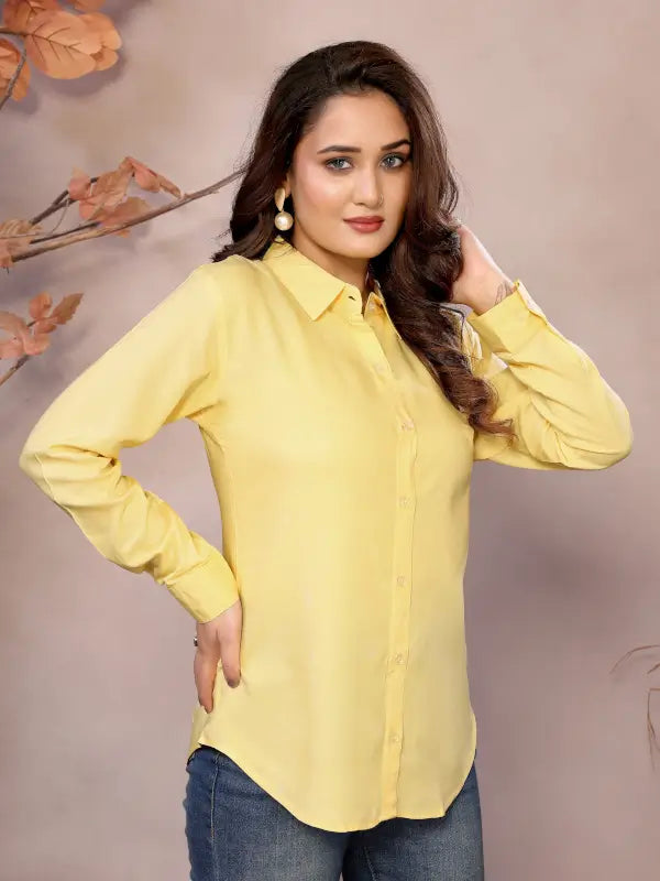 Golden Pure Viscose Collared Neck Hip Length Half Sleeve Shirt For Women