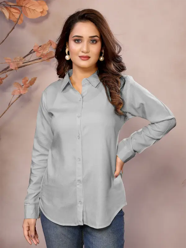 Golden Pure Viscose Collared Neck Hip Length Half Sleeve Shirt For Women