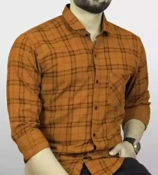 Men’s Cotton Blend Full Sleeve Checked Shirt – Formal, Casual & Partywear, M to XXL. ( orange, Standard )