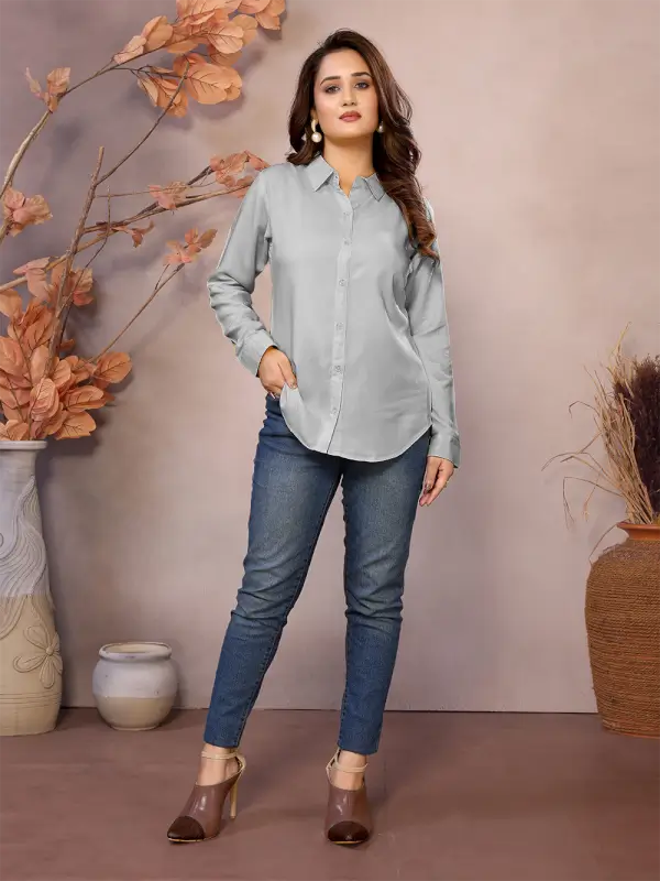 Golden Pure Viscose Collared Neck Hip Length Half Sleeve Shirt For Women